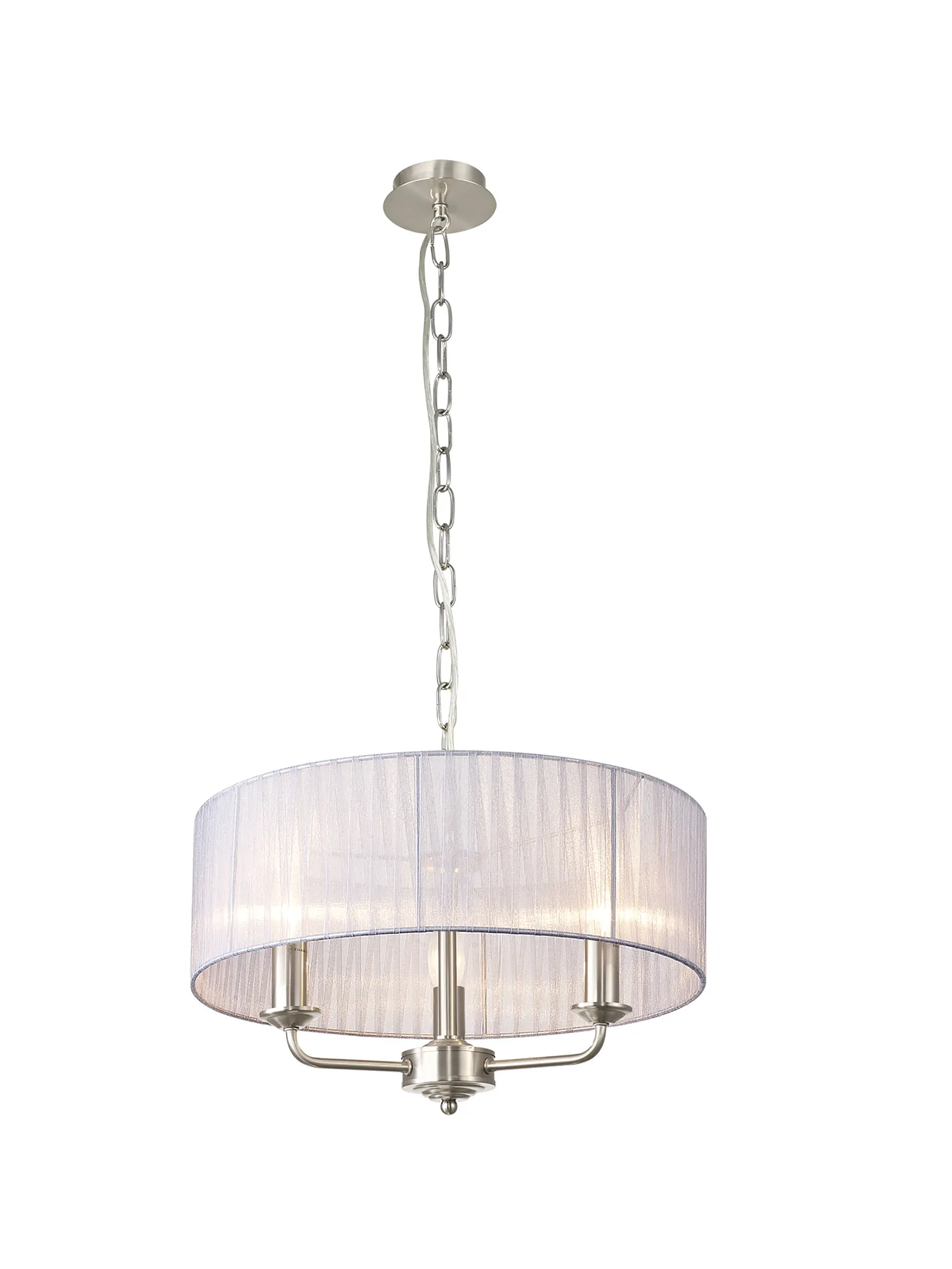 DK0879  Banyan 3 Light Multi Arm Pendant With 45cm x 15cm Organza Shade Satin Nickel/Grey